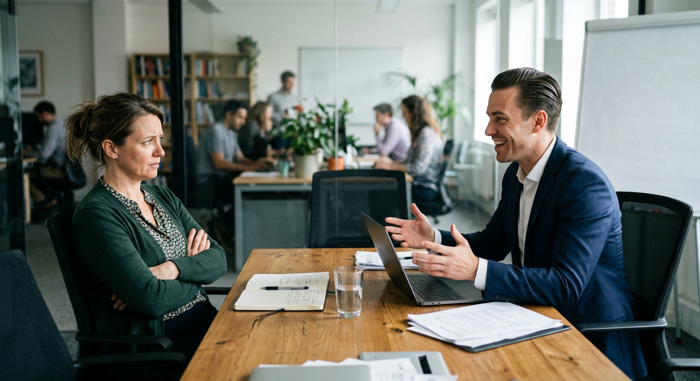 Small business owner skeptically meeting with a marketing agency salesperson