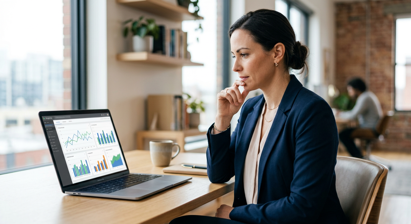 Business owner reviewing Google Ads performance dashboard