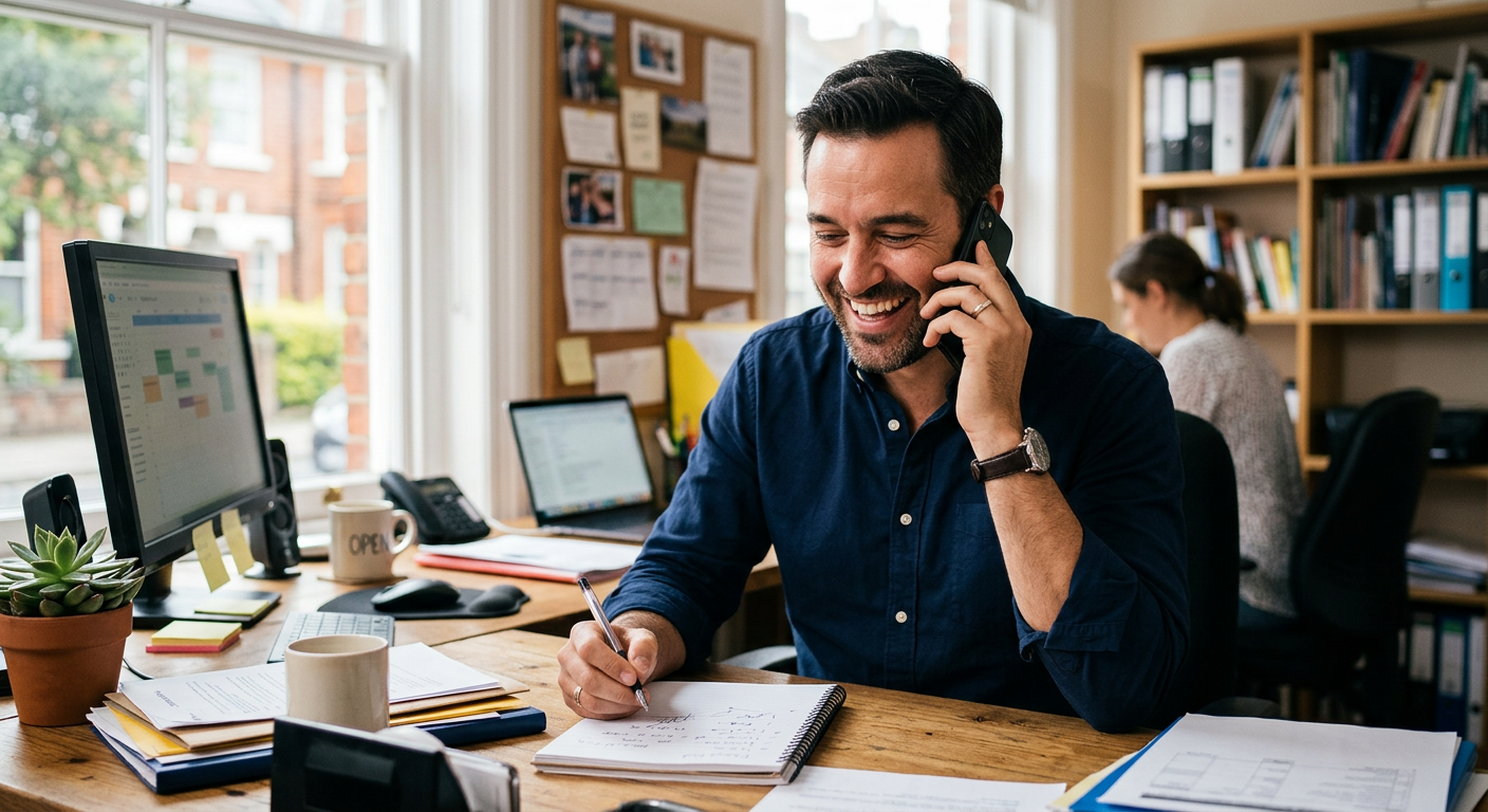 Small business owner taking a new customer call from Google Ads lead