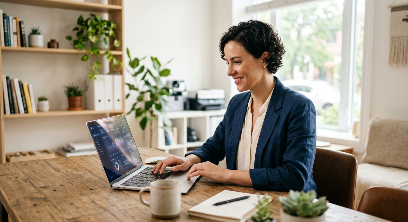 Small business owner using AI marketing tools independently