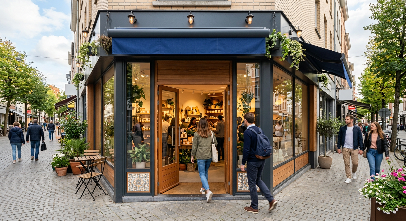 Busy small business storefront attracting local customers