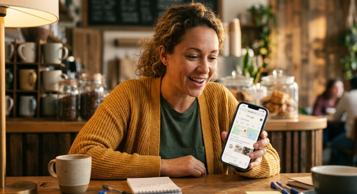 Small business owner checking their Google search ranking on phone
