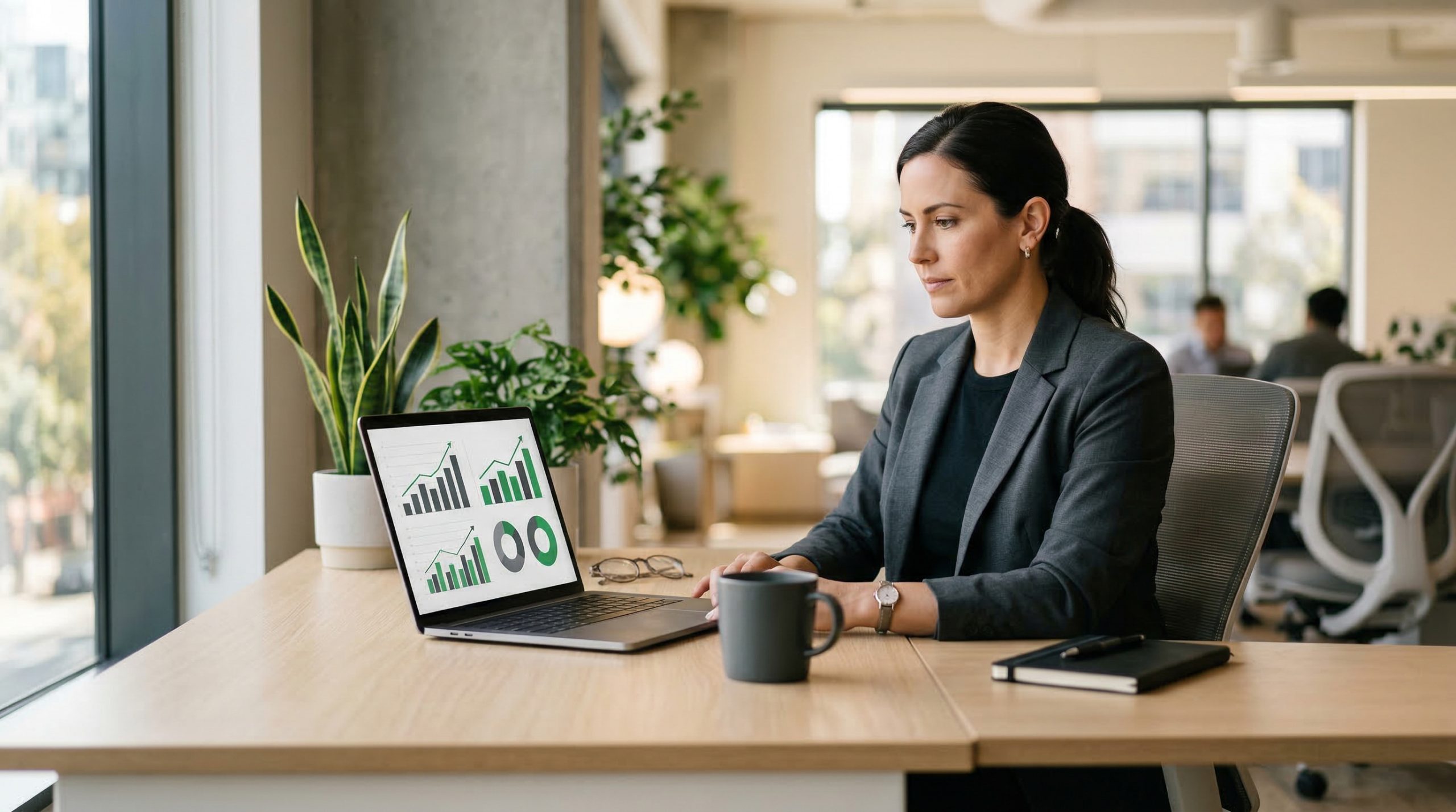 Business owner reviewing lead sources on a laptop with charts showing Google, referrals, and email as top channels