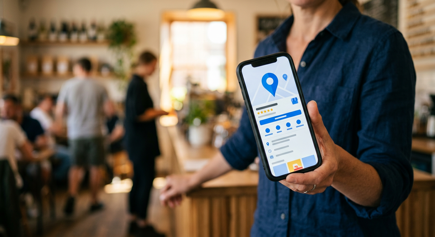 Business owner checking their Google Business Profile on smartphone