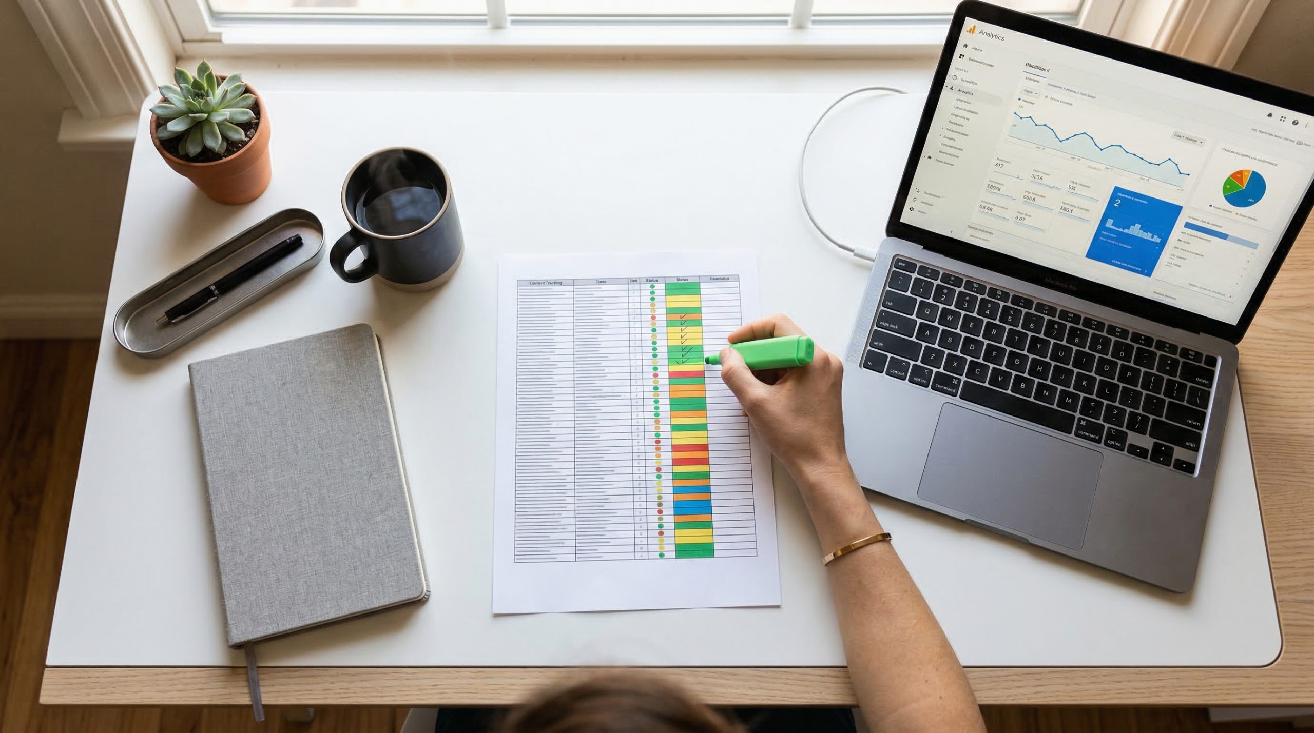 Keyword tracker spreadsheet with status indicators next to analytics on laptop