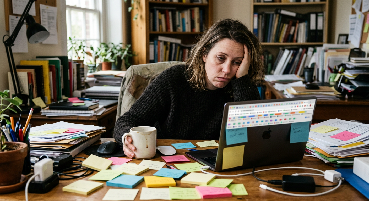 Overwhelmed small business owner trying to manage too many marketing tasks