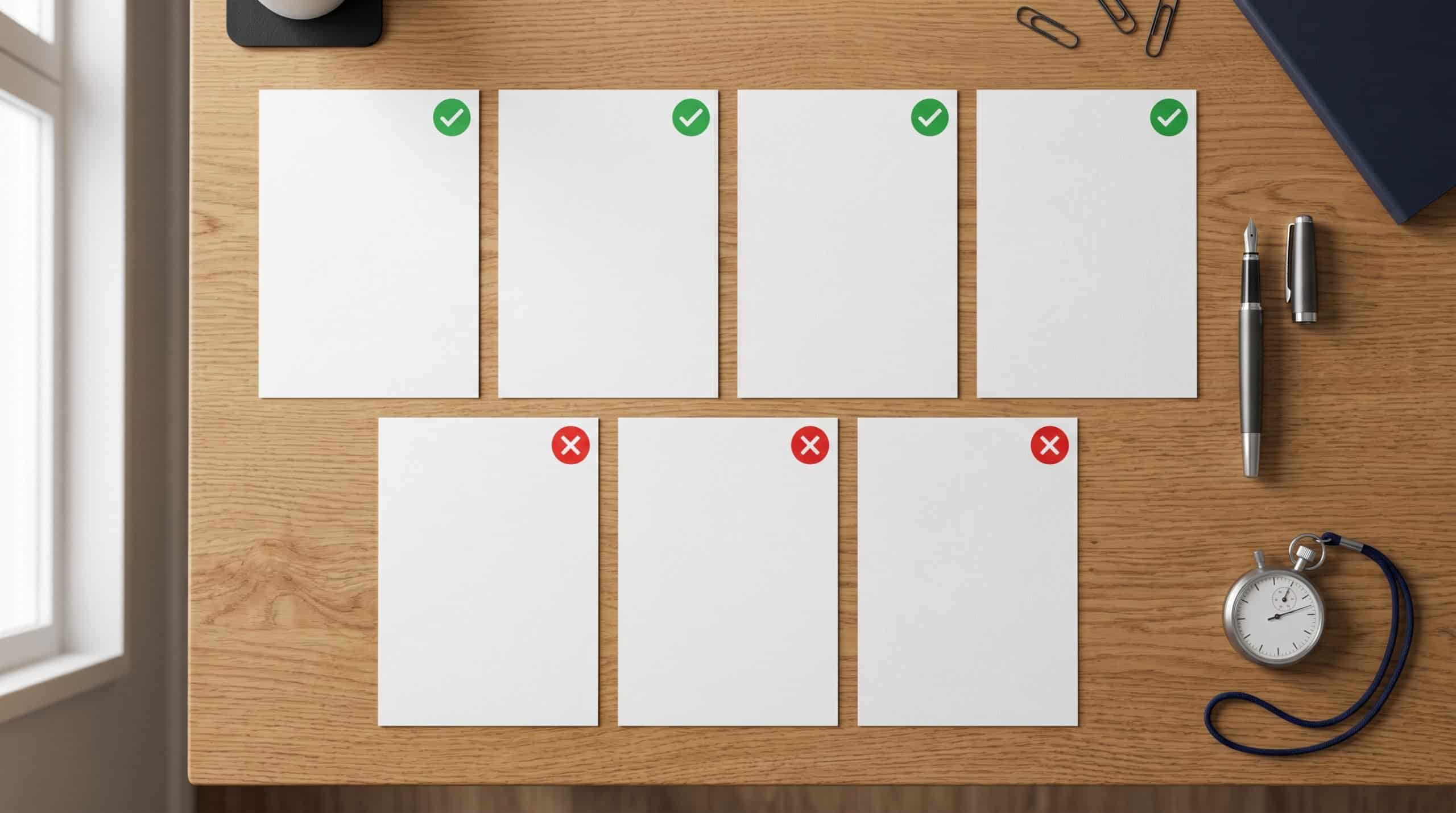 Editorial flat-lay of seven blank sheets of paper laid out in two rows on a wooden desk, four marked with green checkmarks on top, three marked with red X marks on bottom, with a pen and stopwatch beside them