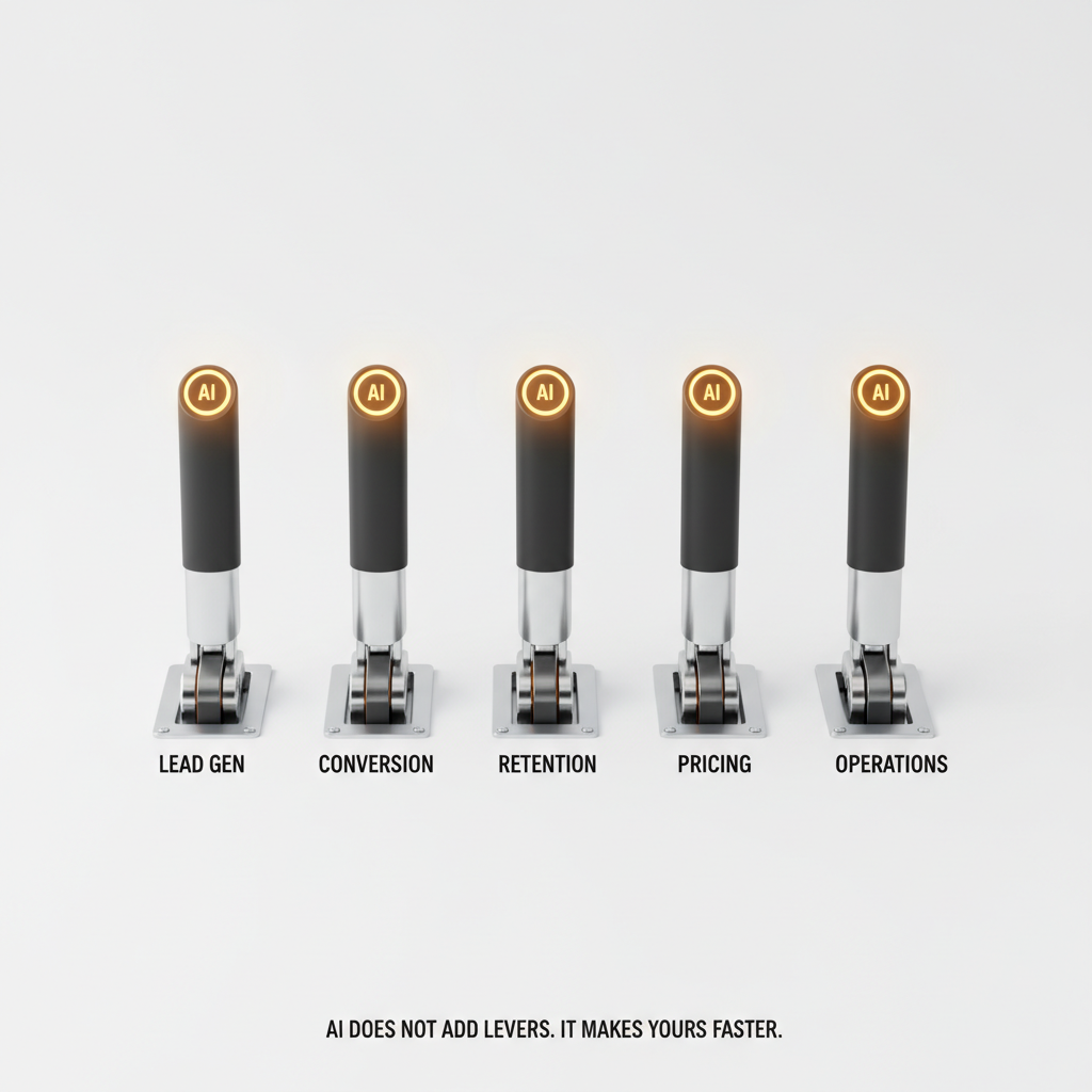 Five growth levers with AI badges. AI does not add levers, it makes yours faster.