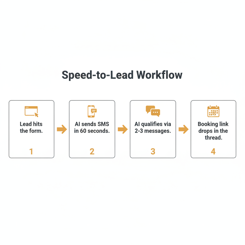 Speed-to-lead workflow: lead hits form, AI SMS in 60 seconds, AI qualifies, booking link drops in thread.