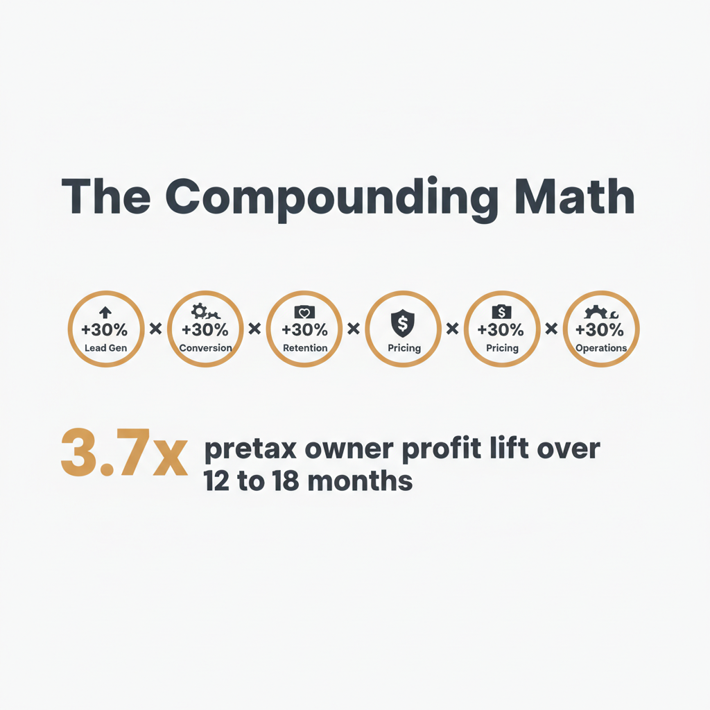Compounding math: five levers each improved 30 percent equals roughly 3.7x pretax owner profit lift over 12 to 18 months.