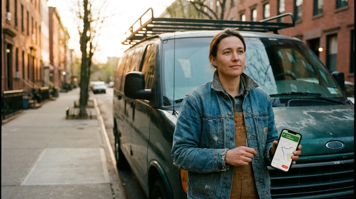 Woman holding smartphone with map beside parked van