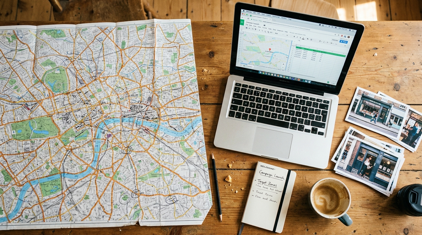 Overhead flat-lay of a wooden desk with city map, laptop, printed photos, notebook, and coffee - local marketing planning scene