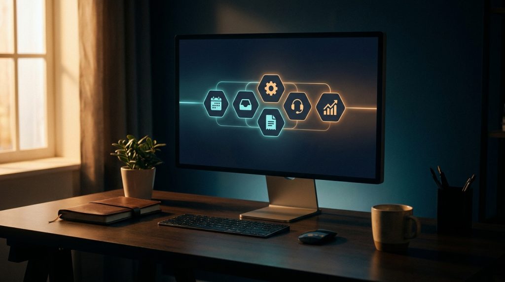 Modern desk with monitor displaying glowing app icons