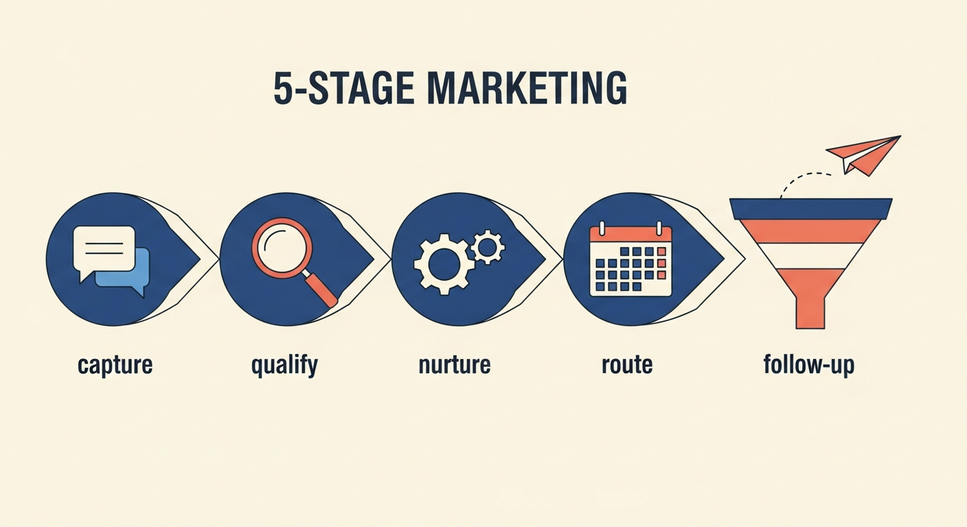 Five-stage marketing funnel process infographic