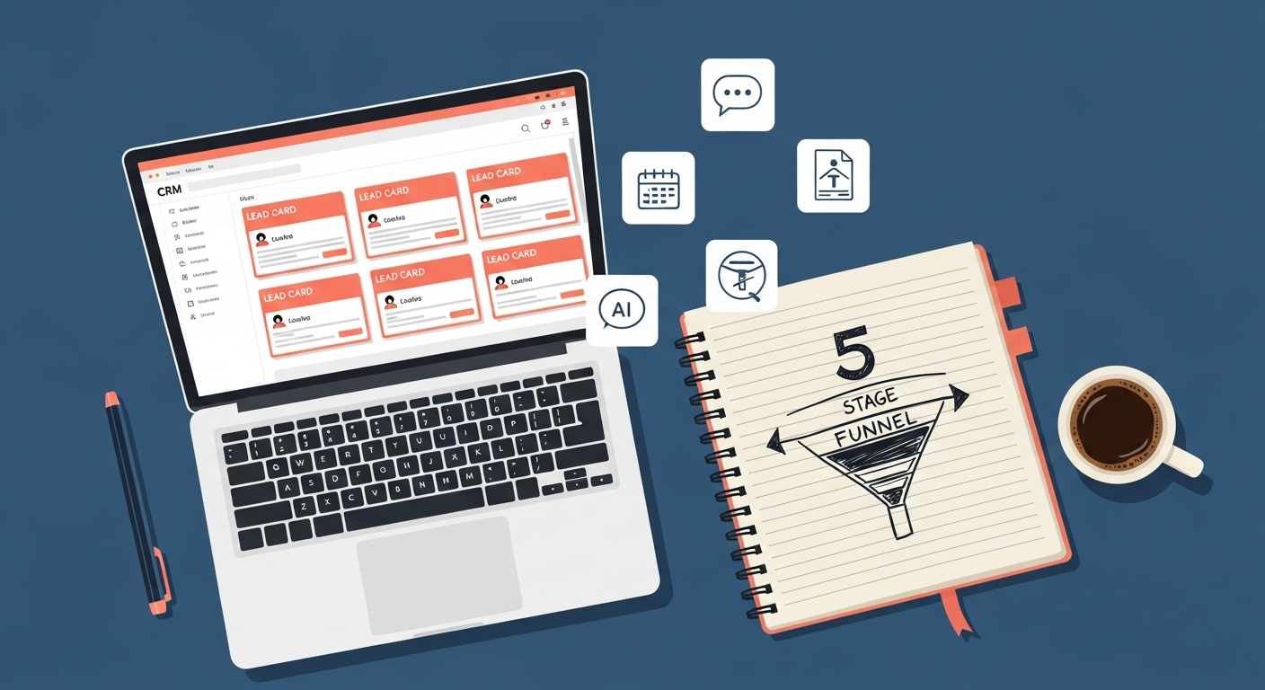 Office desk overhead with laptop, CRM, and lead system tool icons