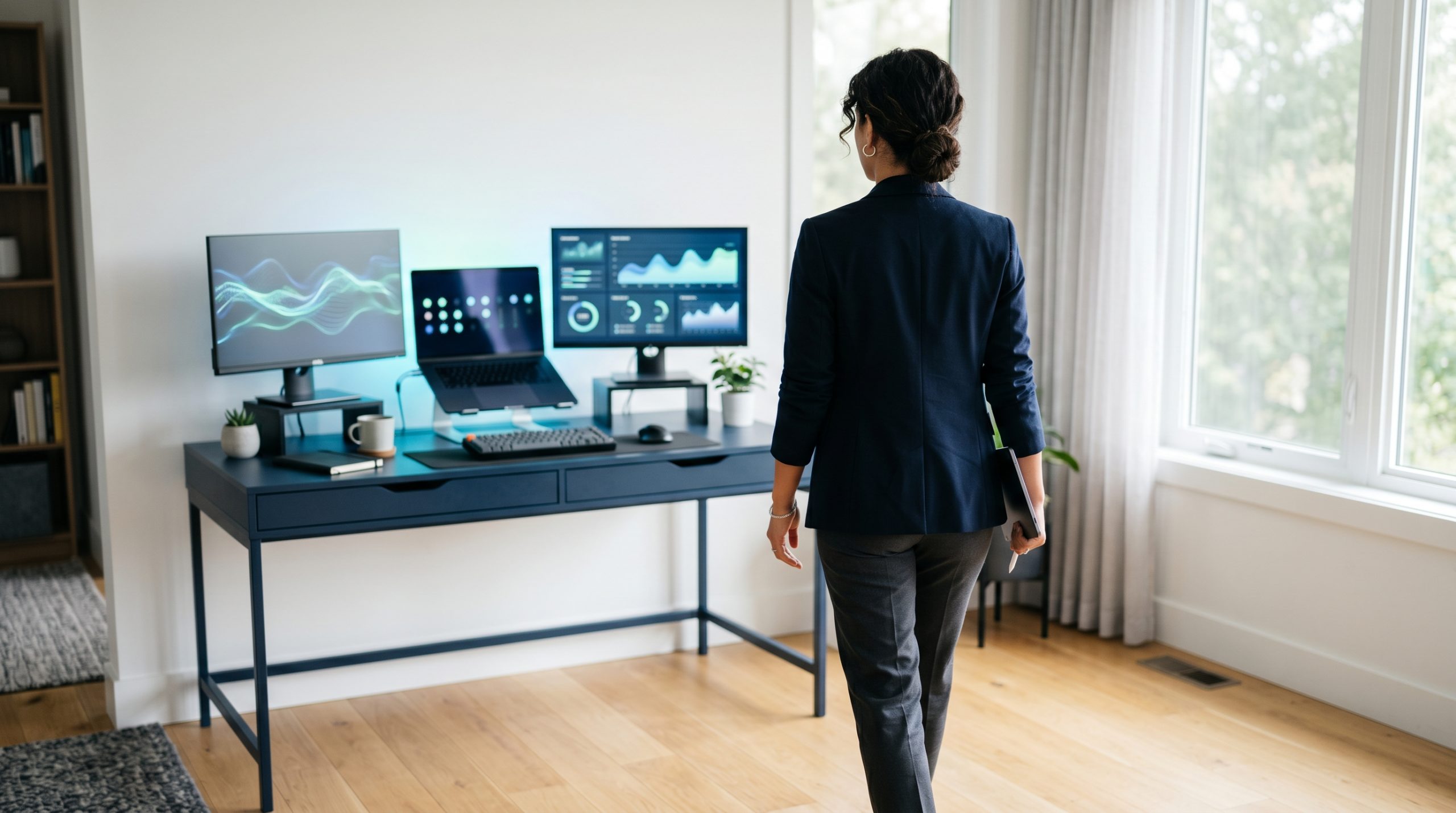 Business owner walking away from a desk with automated workflow dashboards glowing on multiple screens, illustrating AI marketing automation tools that run without you