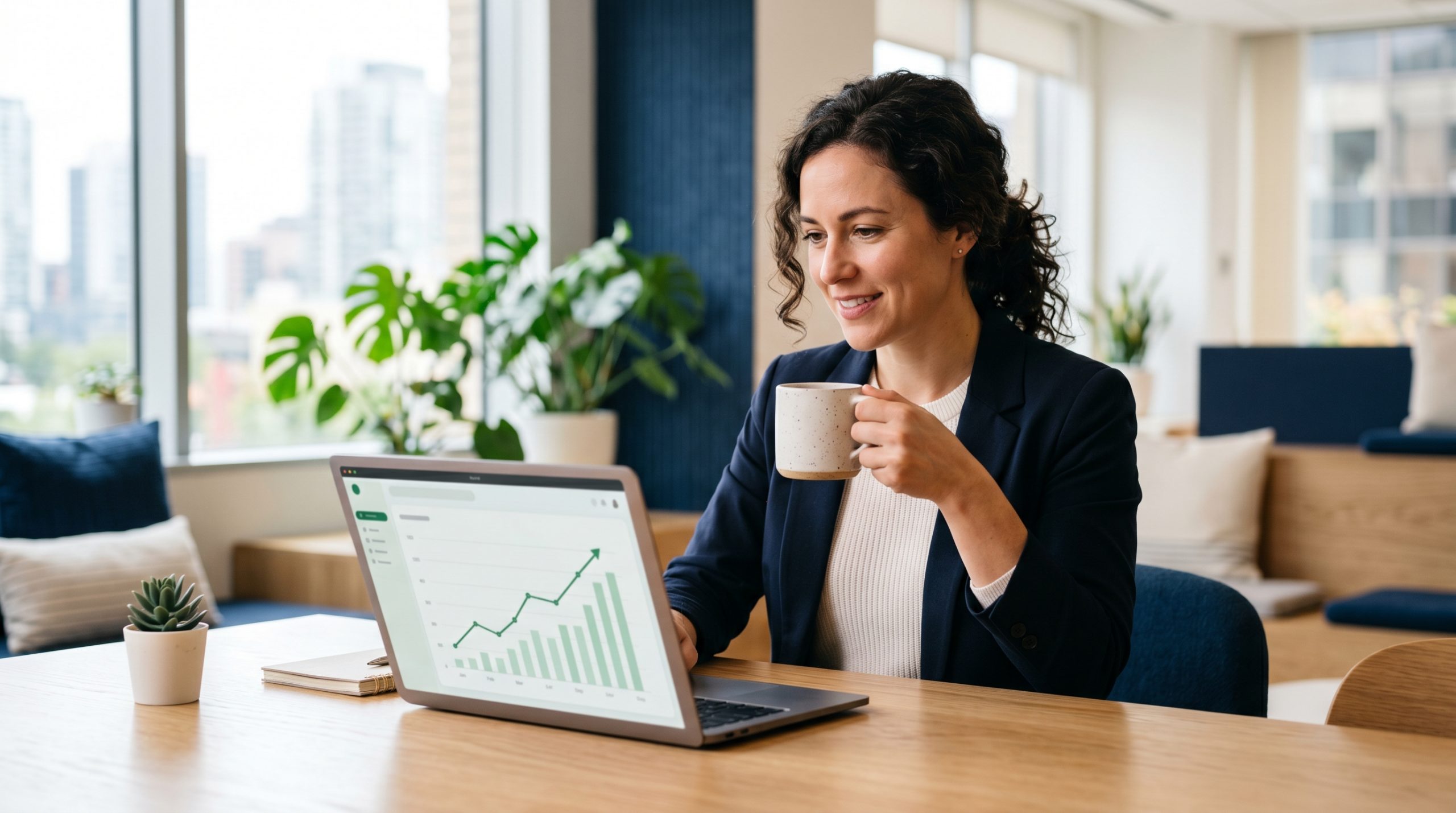 Woman reviewing growth chart on laptop with coffee