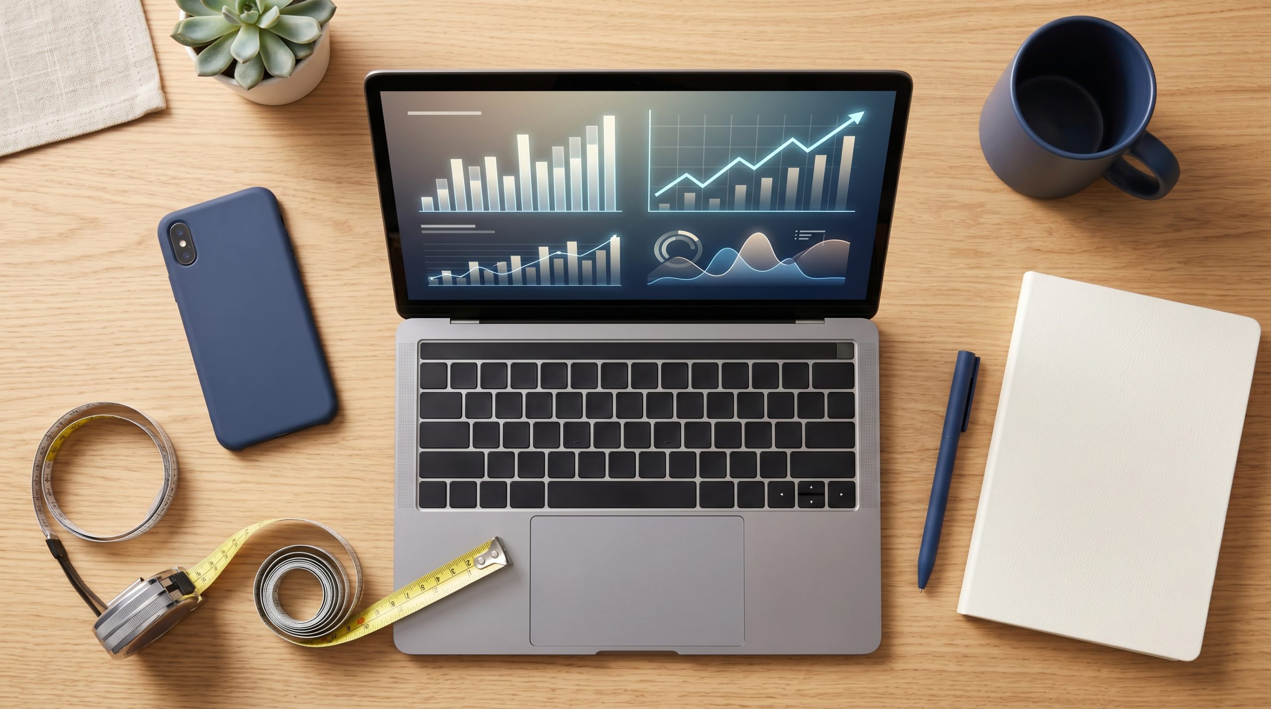 Overhead flat-lay of a desk with a laptop showing an analytics dashboard, a notebook, and a tape measure curling across the surface