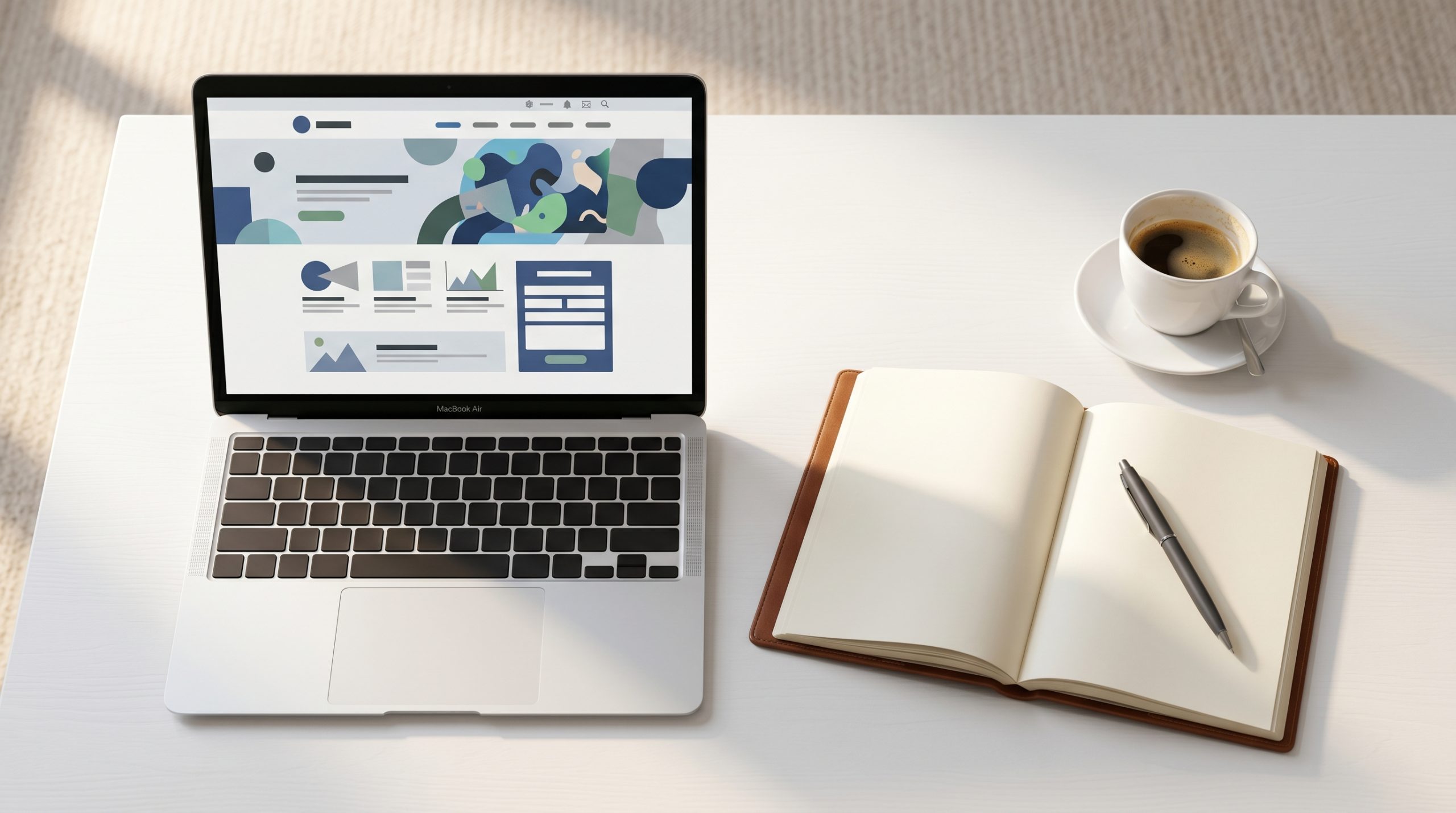 Laptop, notebook, and coffee on white desk