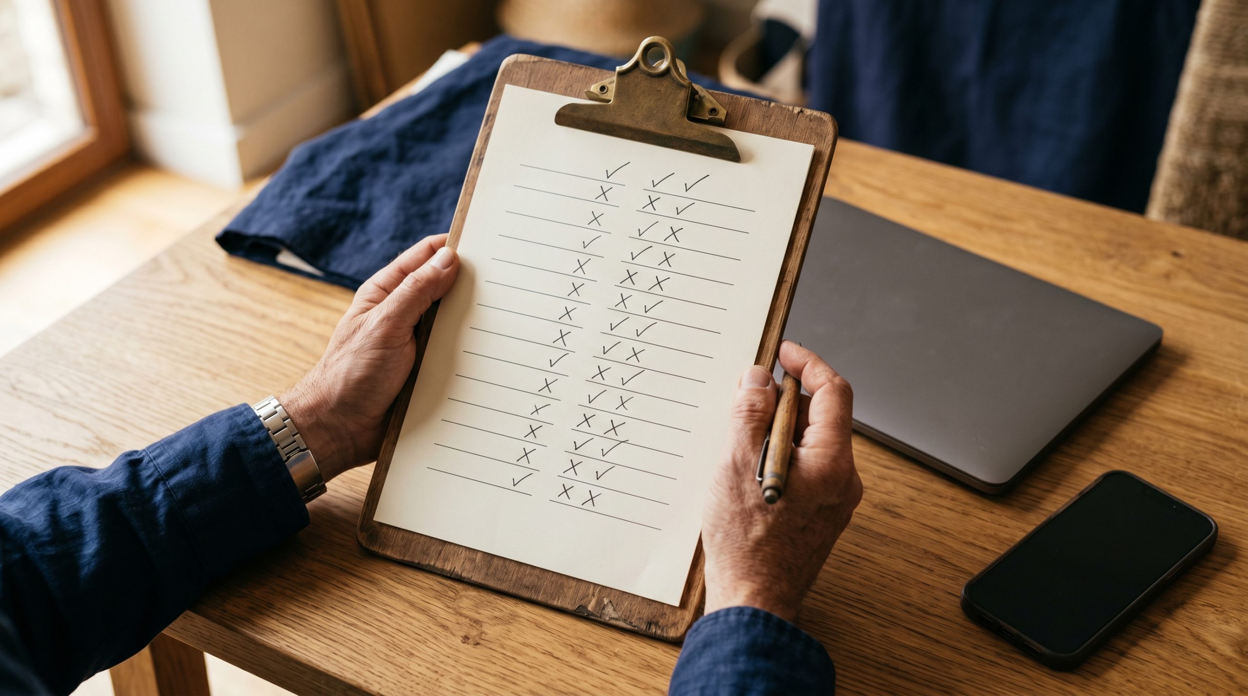 Close-up of a small business owner's hands holding a wooden clipboard with a checklist being evaluated