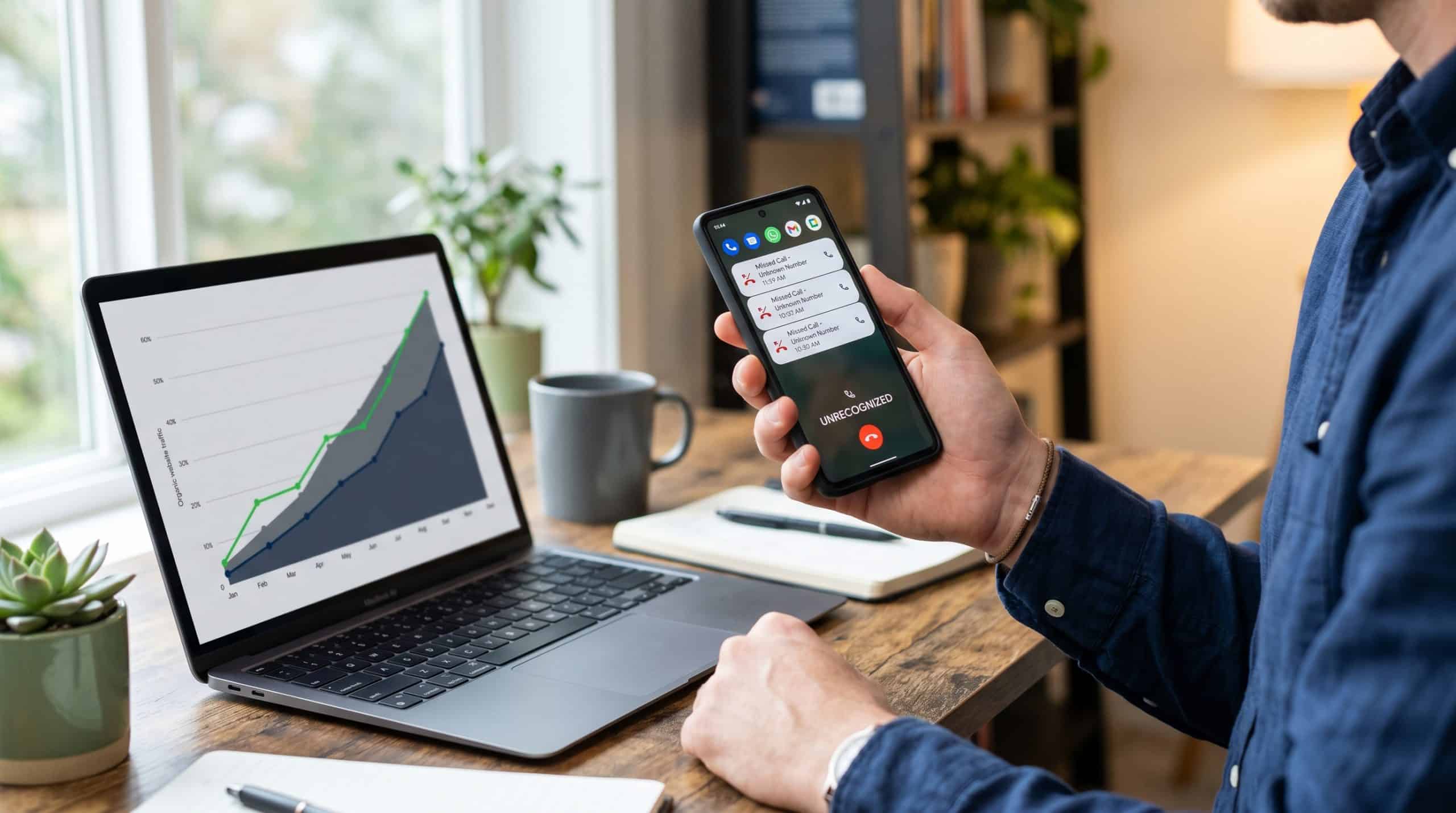 Smartphone showing missed calls and incoming inquiries with a rising organic traffic graph on a laptop in the background