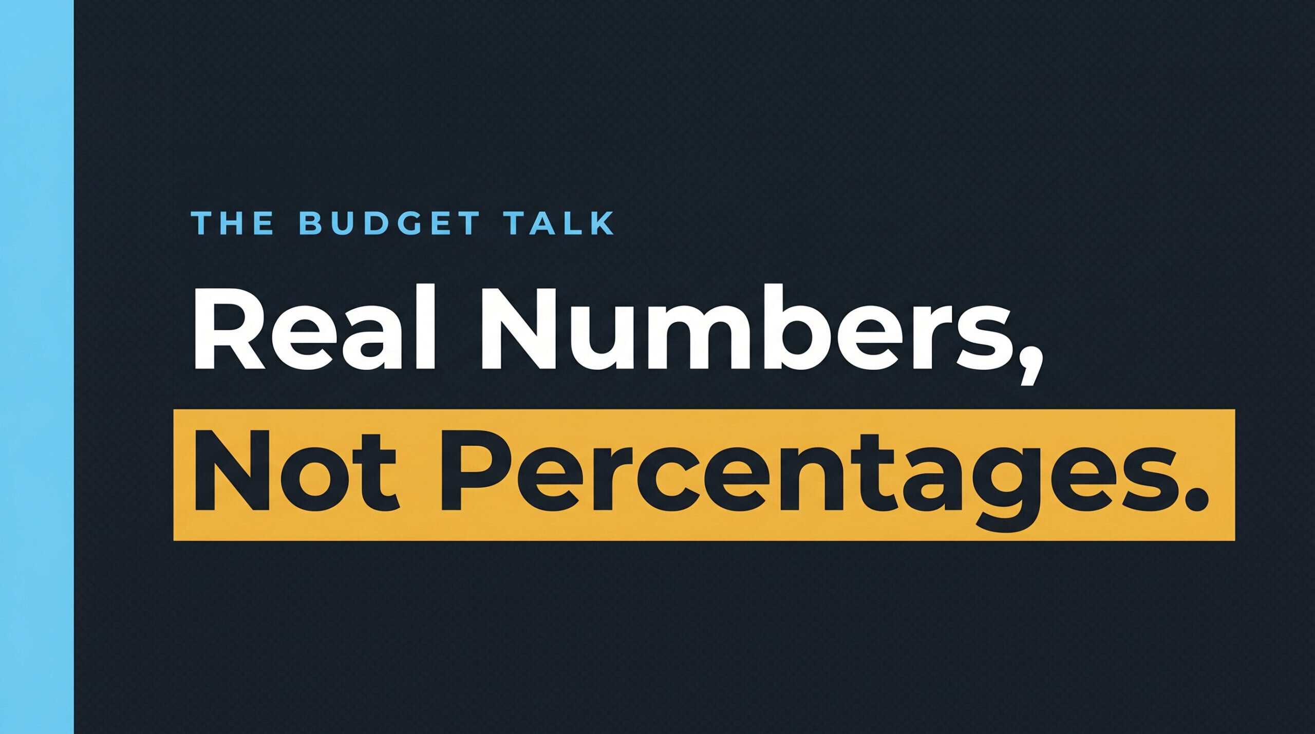 Editorial cover graphic with the headline Real Numbers, Not Percentages — small business marketing budget guide for 2026