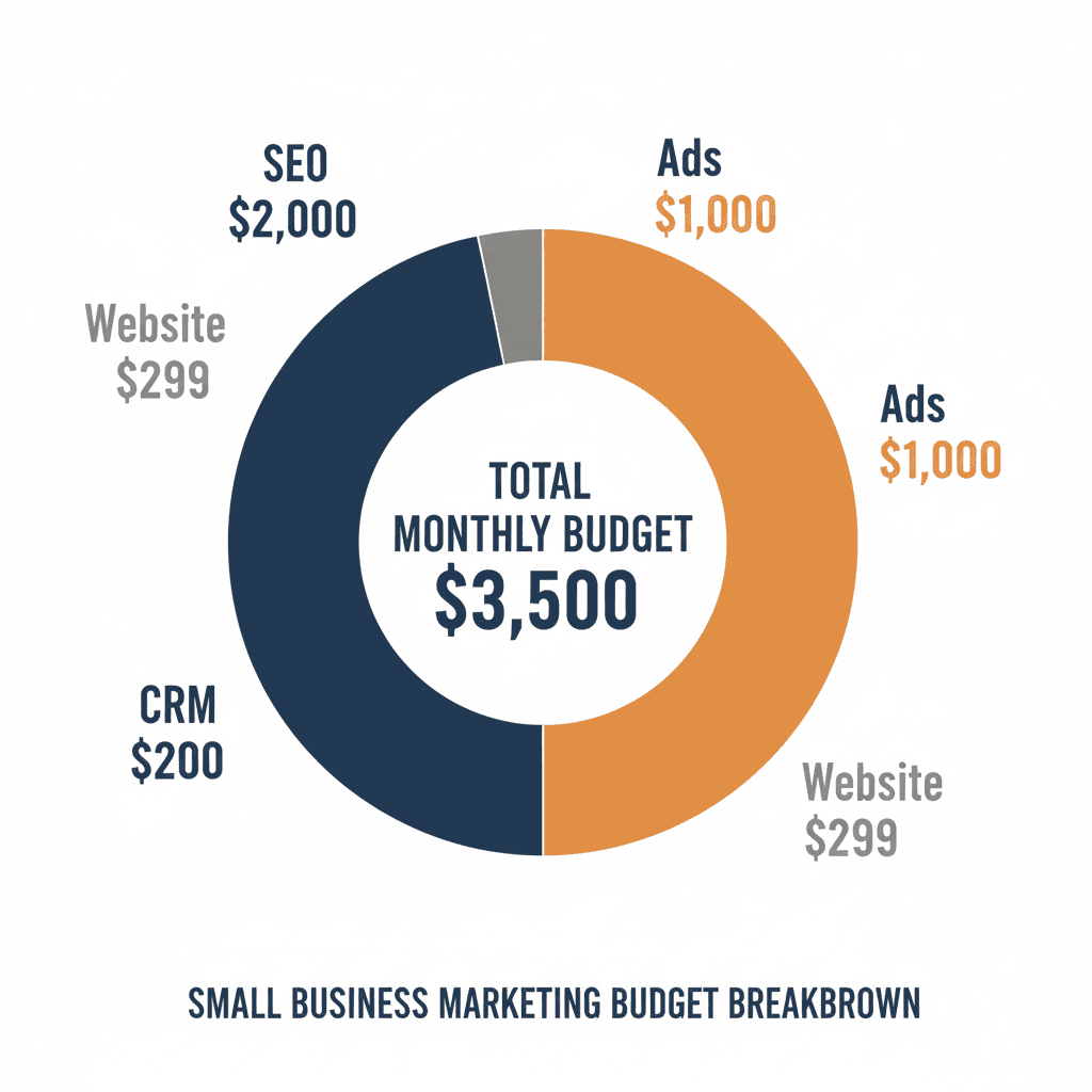Pie chart showing how a $3,500/mo Working tier marketing budget splits across website, SEO, ads, and CRM