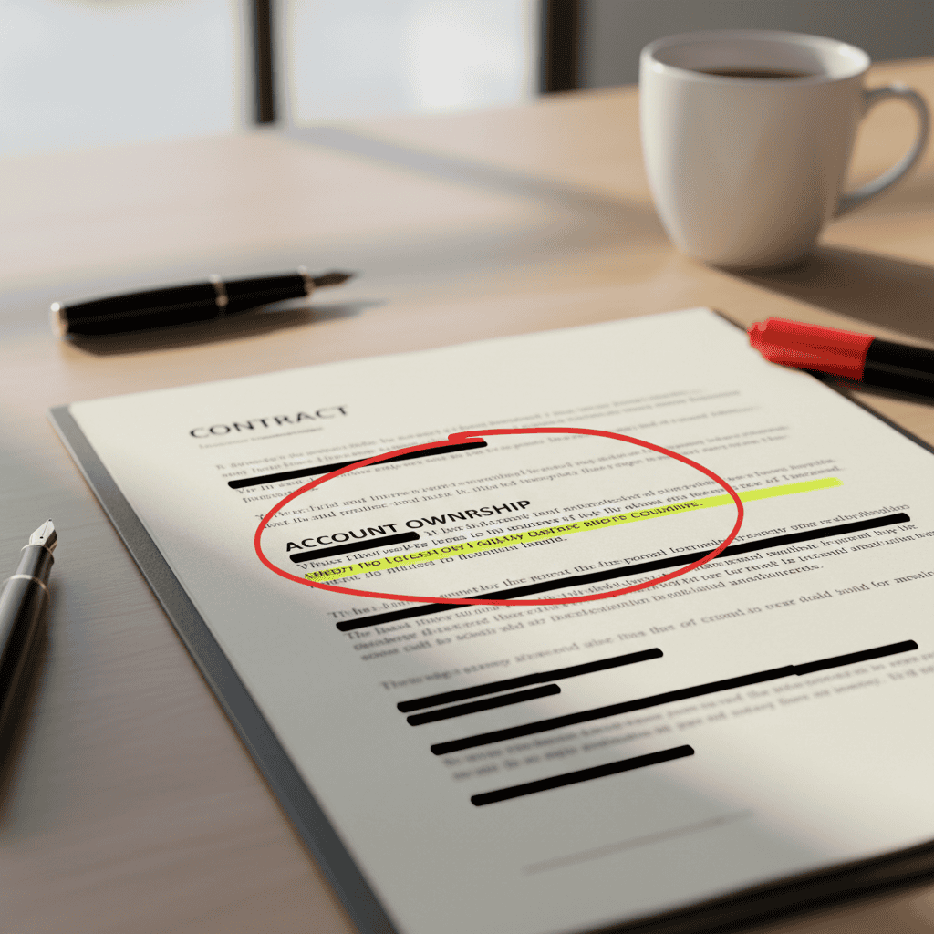 Redacted marketing agency contract with an account-ownership clause circled in red