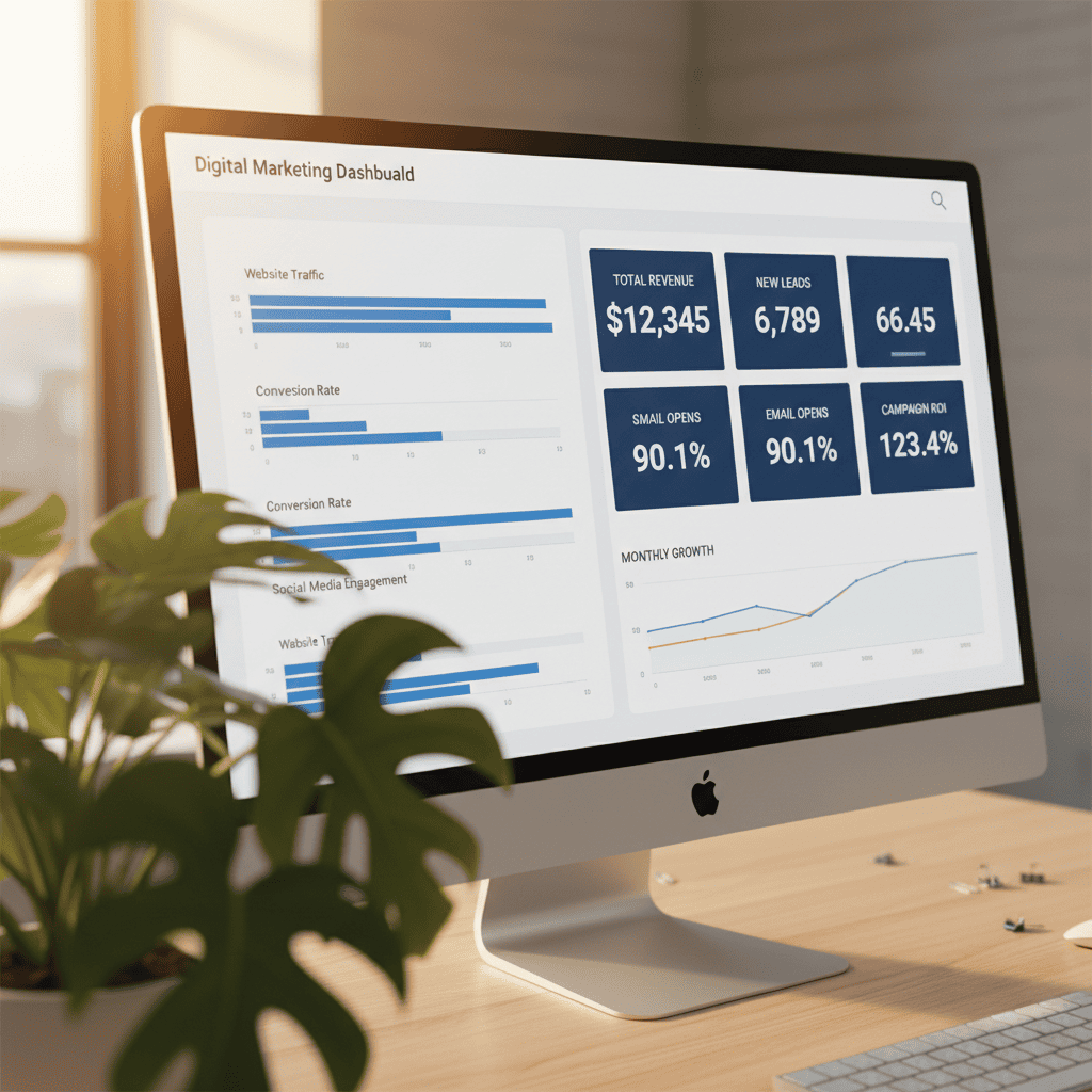 Clean one-page marketing performance dashboard with leads CPL and revenue cards