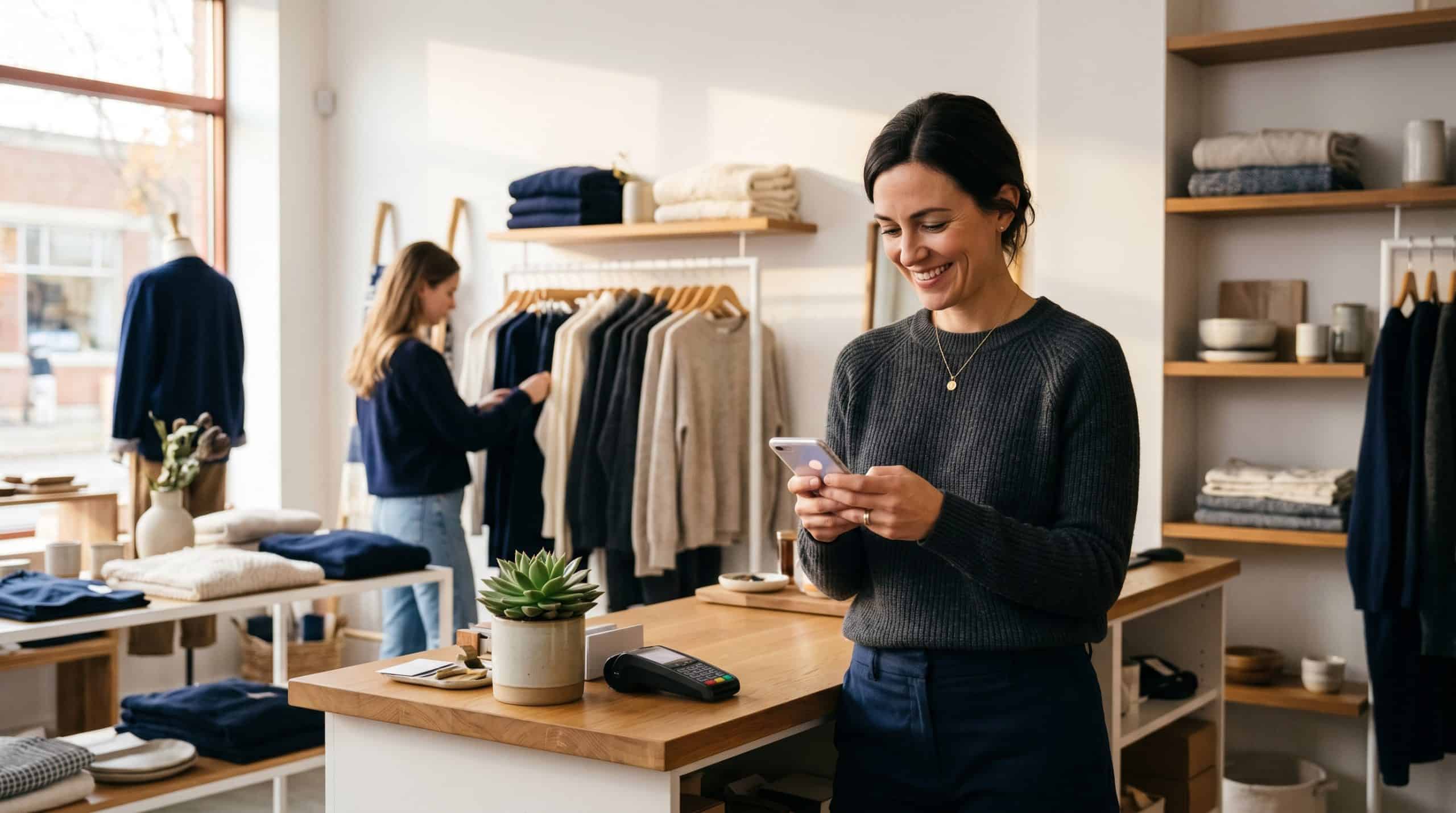 Small business owner checking a phone in a tidy retail shop while a customer browses in the background