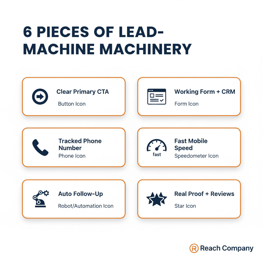 6 pieces of lead-machine machinery: clear CTA, working form + CRM, tracked phone, fast mobile speed, auto follow-up, real proof and reviews