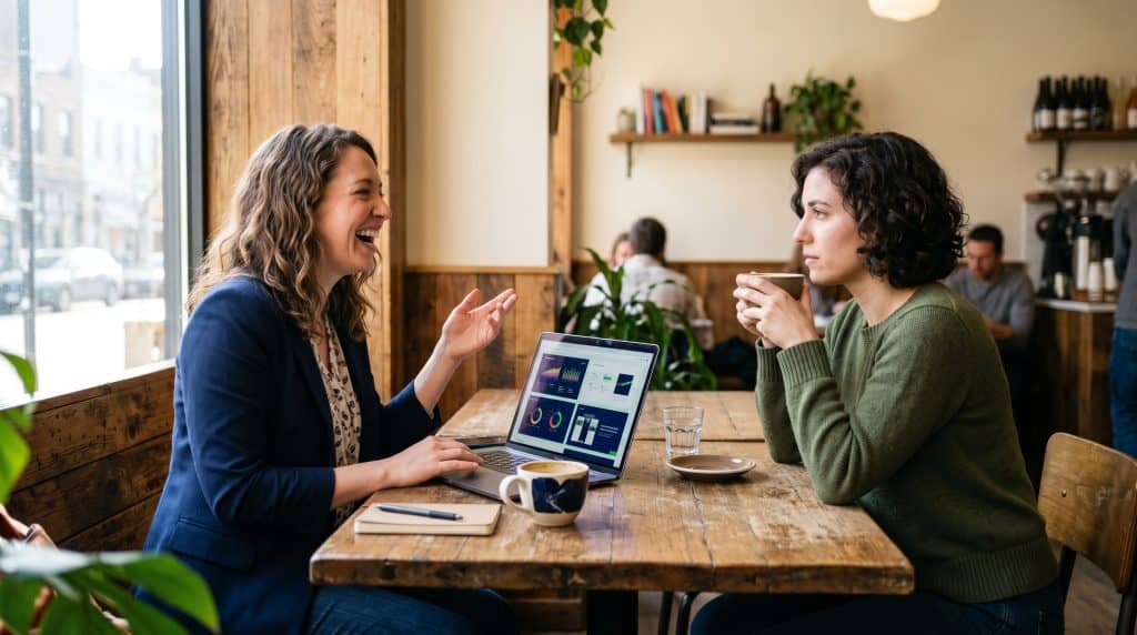 Two women discussing laptop data in cafe