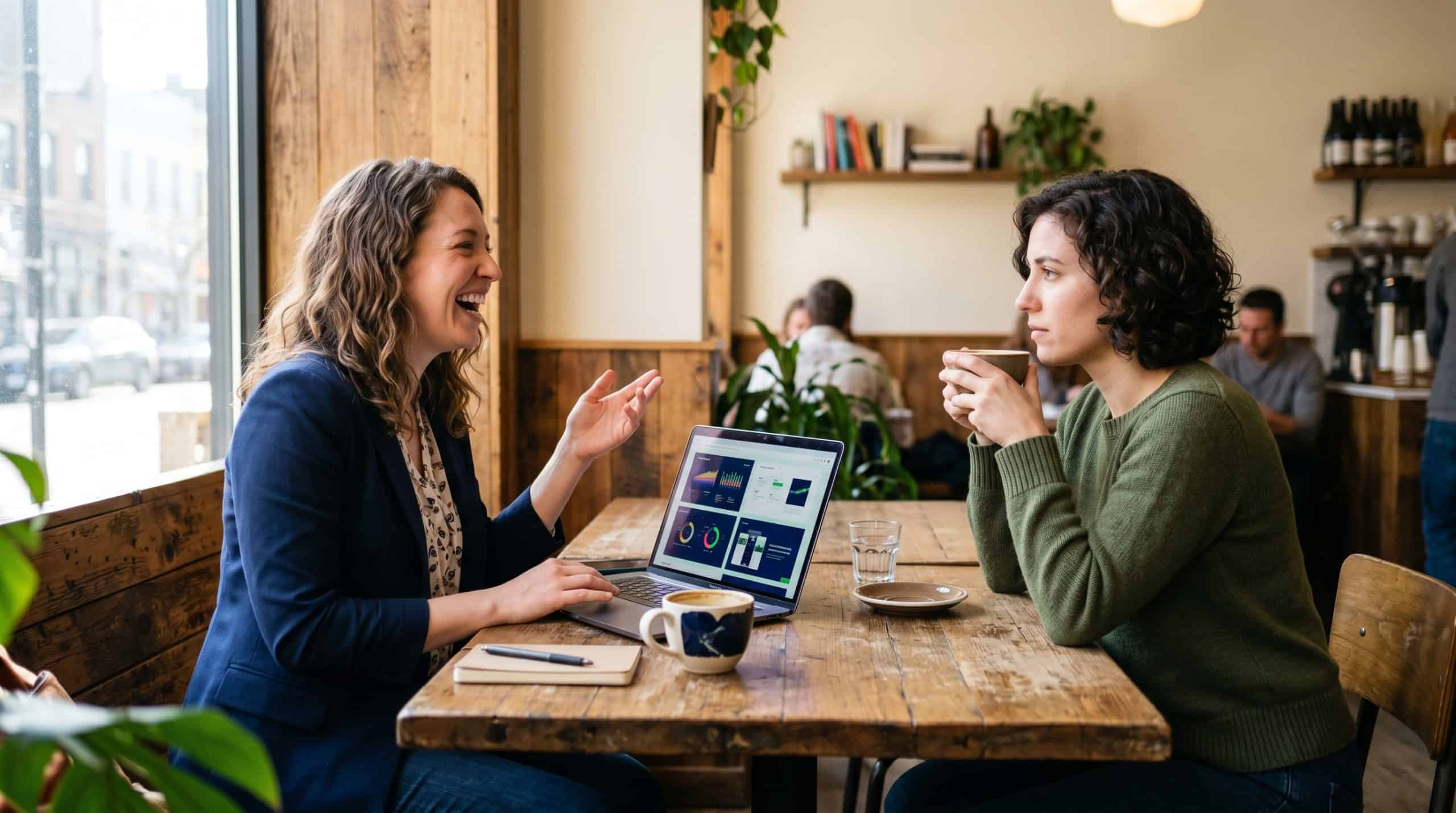 Two women discussing laptop data in cafe