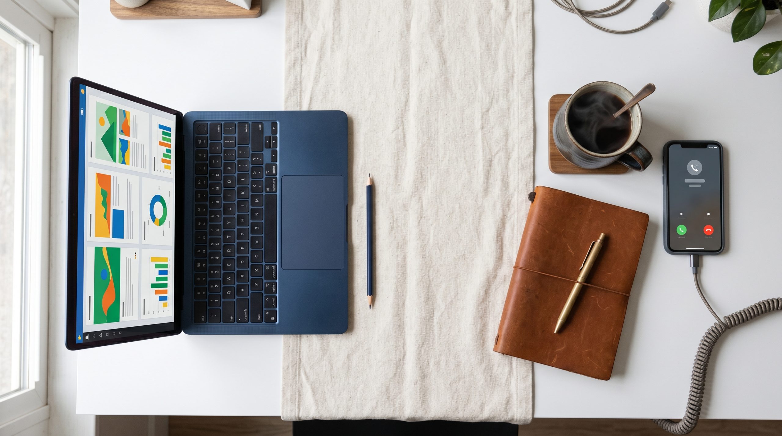 Editorial flat-lay overhead view of a clean white desk split down the middle, laptop with colorful work on the left, leather notebook coffee and phone on the right