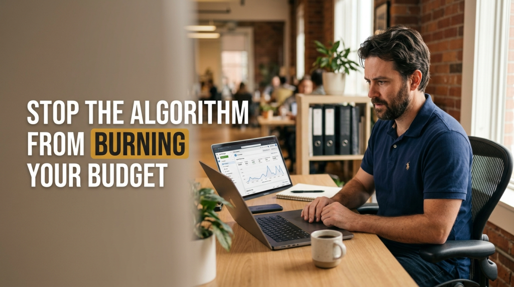 Male small-business owner reviewing a Meta Ads dashboard on a laptop with the headline stop the algorithm from burning your budget