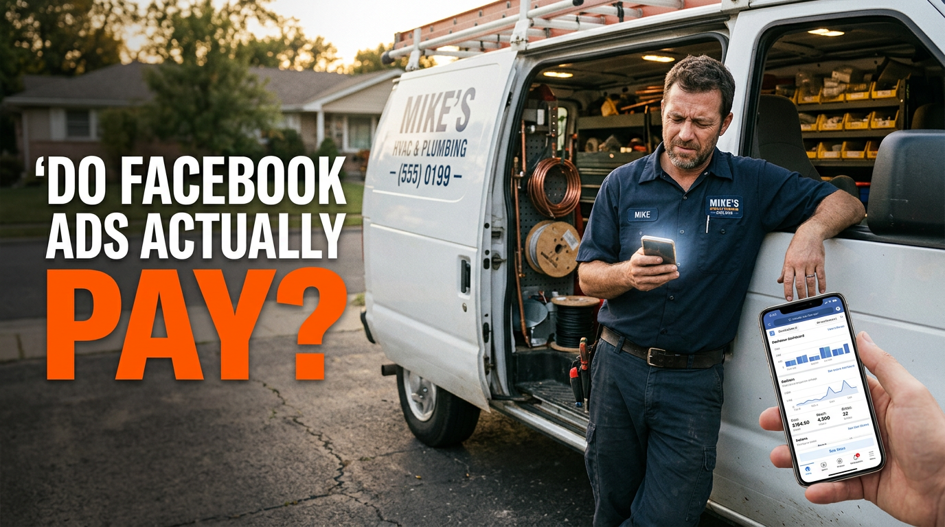 Home service business owner reviewing Facebook ads results on his phone next to his work van