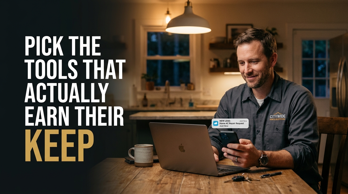 Small business owner reviewing marketing automation tools on a laptop and phone at home