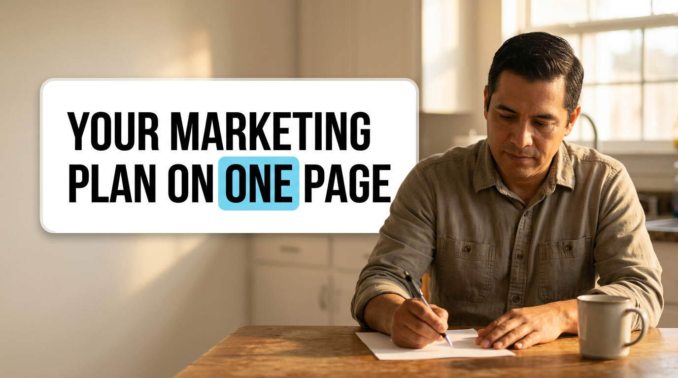 Small business owner writing a one-page marketing plan at his kitchen table