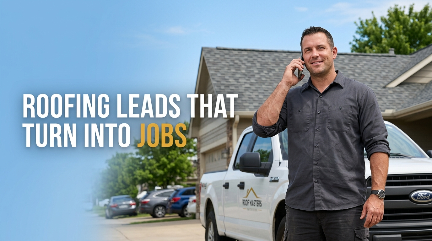 Roofing company owner on the phone by his truck after getting more roofing leads that turn into jobs