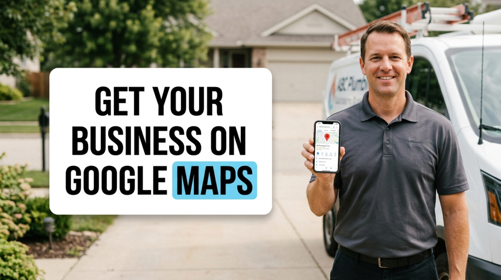 Local service business owner checking his business on Google Maps next to his work van