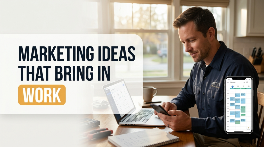 Small service business owner reviewing marketing ideas that bring in work on a laptop