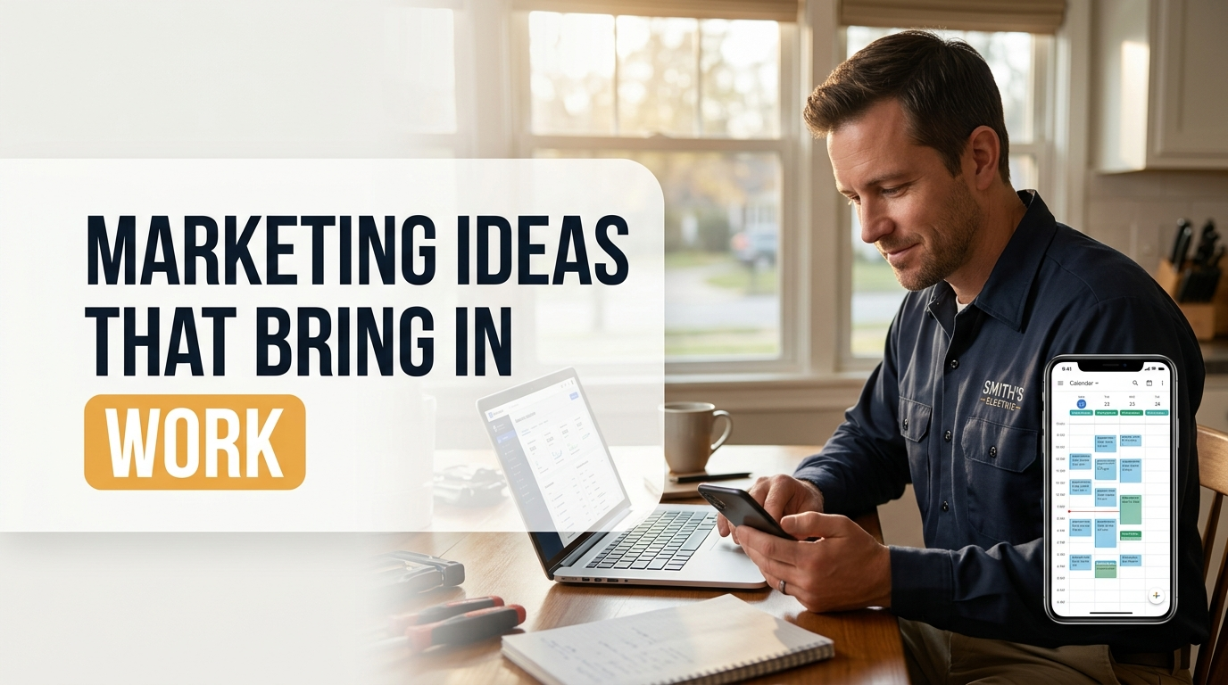 Small service business owner reviewing marketing ideas that bring in work on a laptop