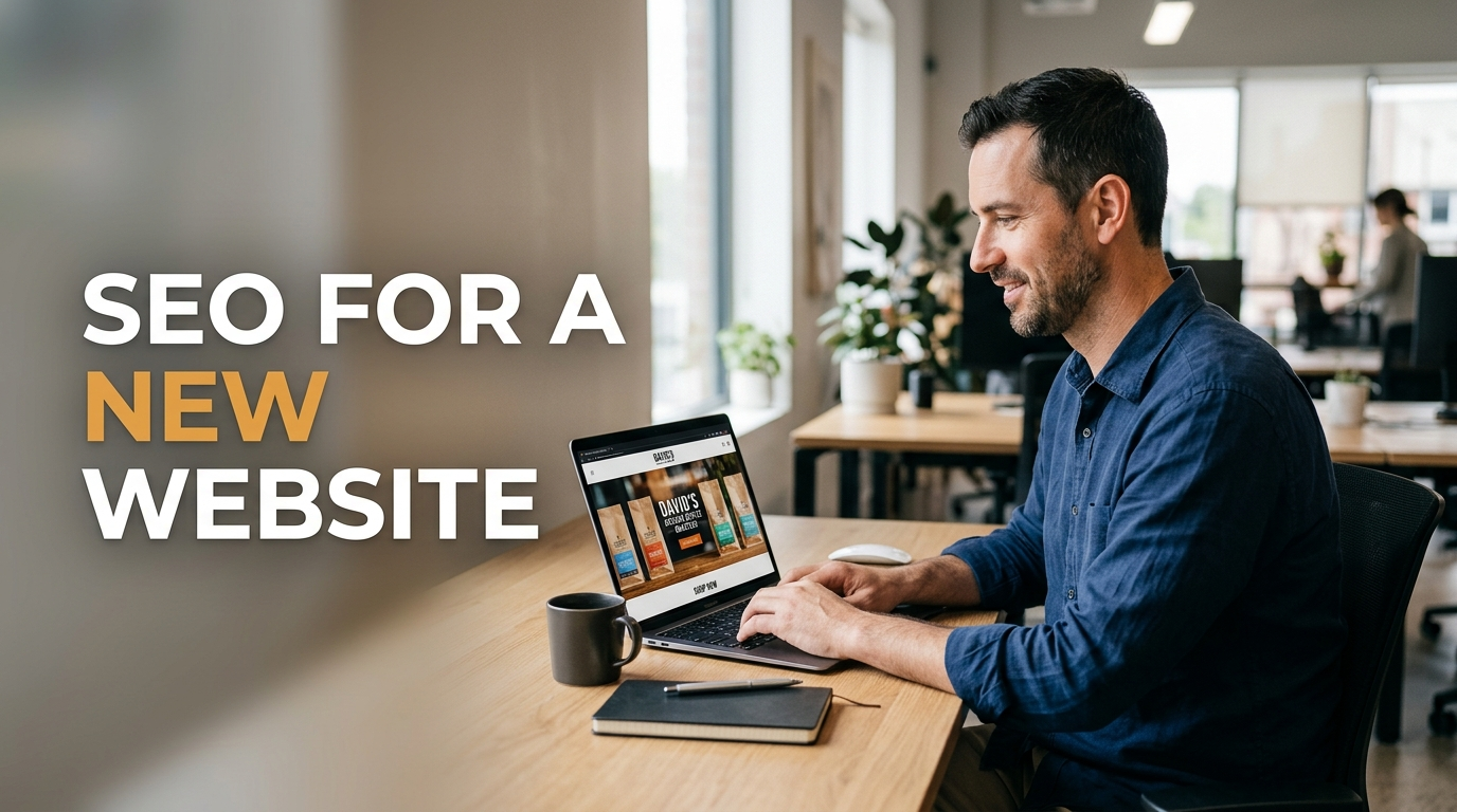 Small business owner reviewing SEO for a new website on a laptop in his first 90 days