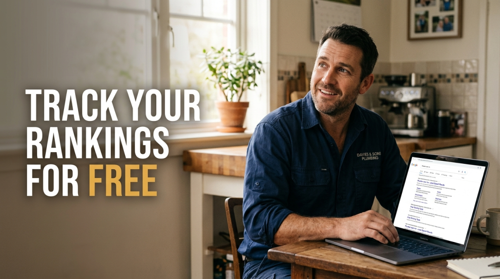 Small business owner checking how to track keyword rankings on a laptop at home