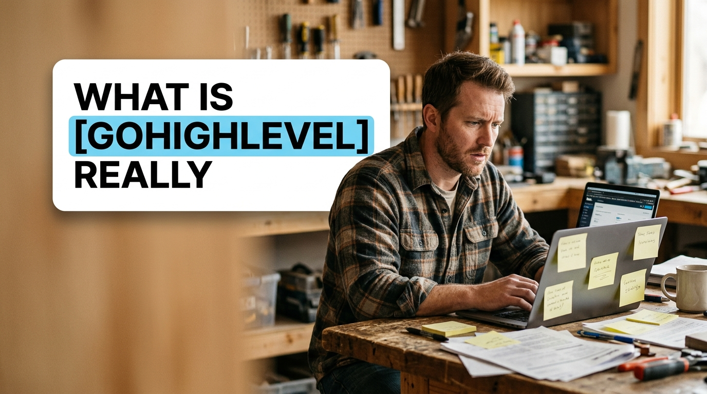 Man working on laptop with GoHighLevel text overlay
