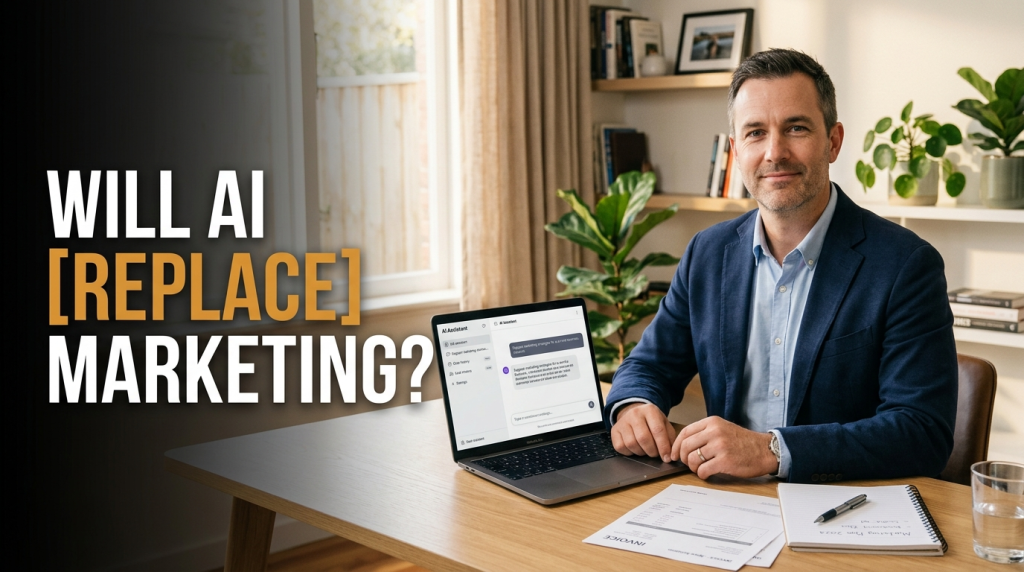 Service business owner at a laptop using AI marketing tools, weighing whether AI will replace marketing.