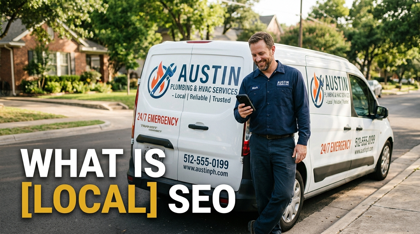 Service business owner by his van checking his phone, illustrating what is local SEO
