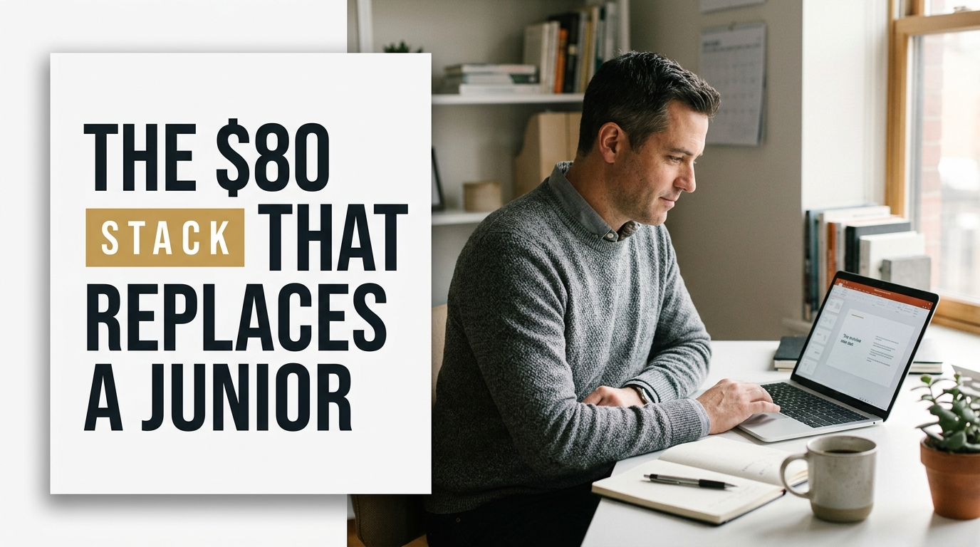 Male consultant working at a desk on a proposal deck, next to the headline The $80 Stack That Replaces A Junior
