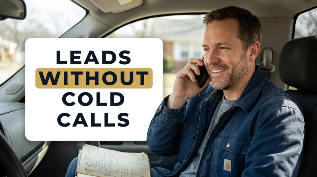 Man on phone in truck with marketing text