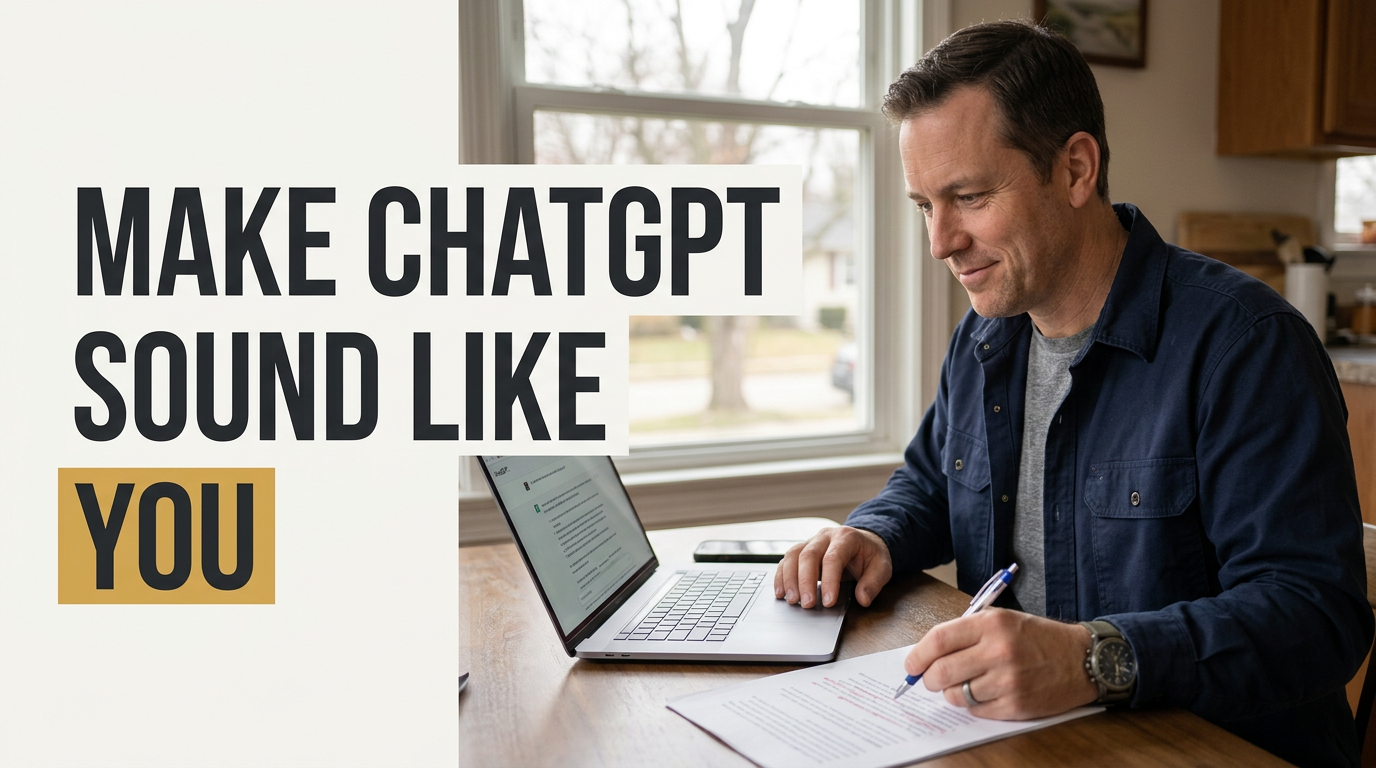 Small business owner editing a ChatGPT marketing draft on a laptop